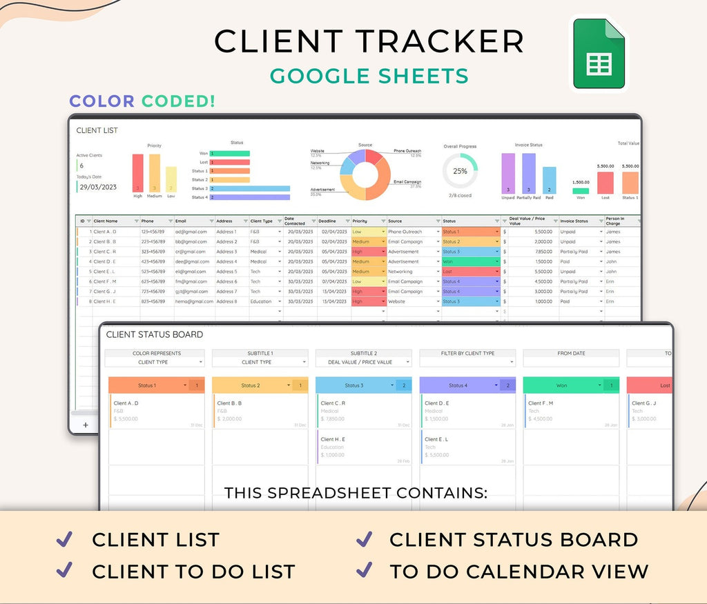 Client Tracker, Small Business Template, Google Sheets, CRM Dashboard, Business Planner Business Spreadsheet, Business Tracker, Lead Tracker
