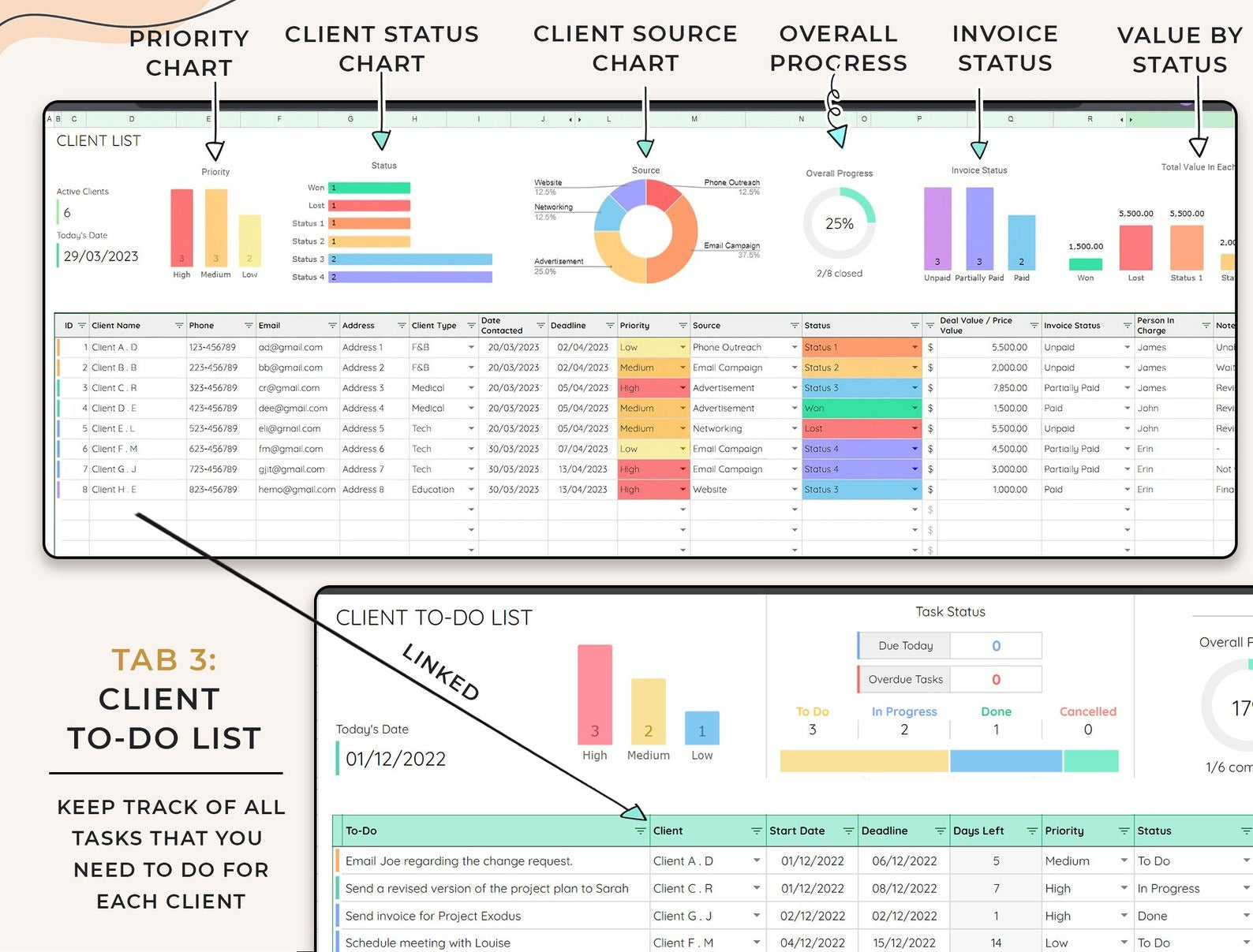 Client Tracker, Small Business Template, Google Sheets, CRM Dashboard, Business Planner Business Spreadsheet, Business Tracker, Lead Tracker