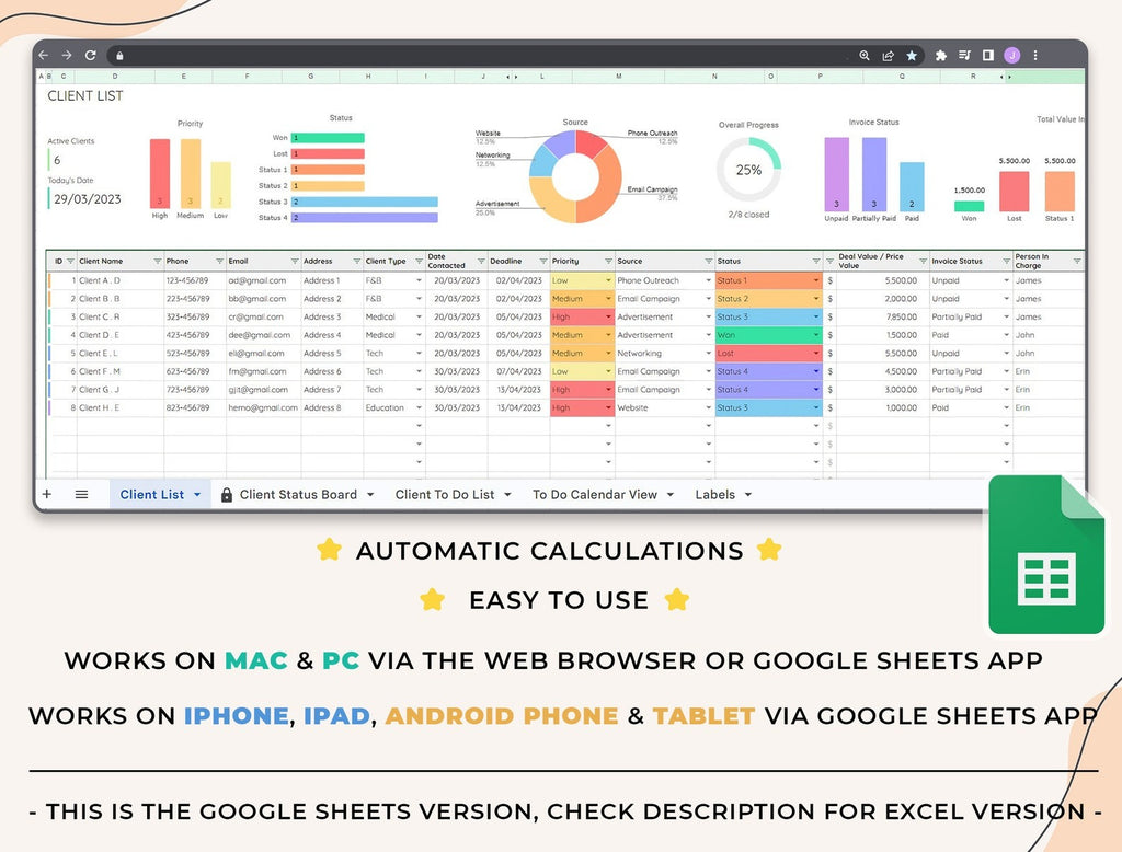 Client Tracker, Small Business Template, Google Sheets, CRM Dashboard, Business Planner Business Spreadsheet, Business Tracker, Lead Tracker