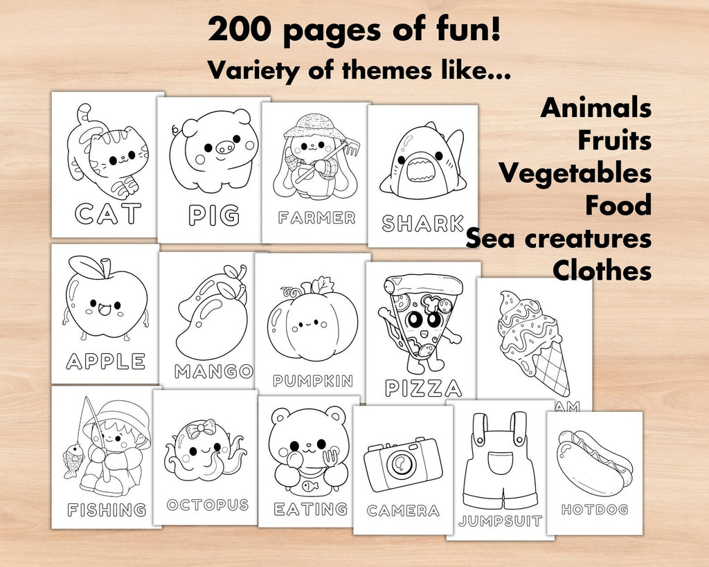 200 Easy Coloring Page for Kid, Jumbo Printable Toddlers Kawaii Coloring Sheet Bundle, Preschool Homeschool Party Activity Big Coloring Book
